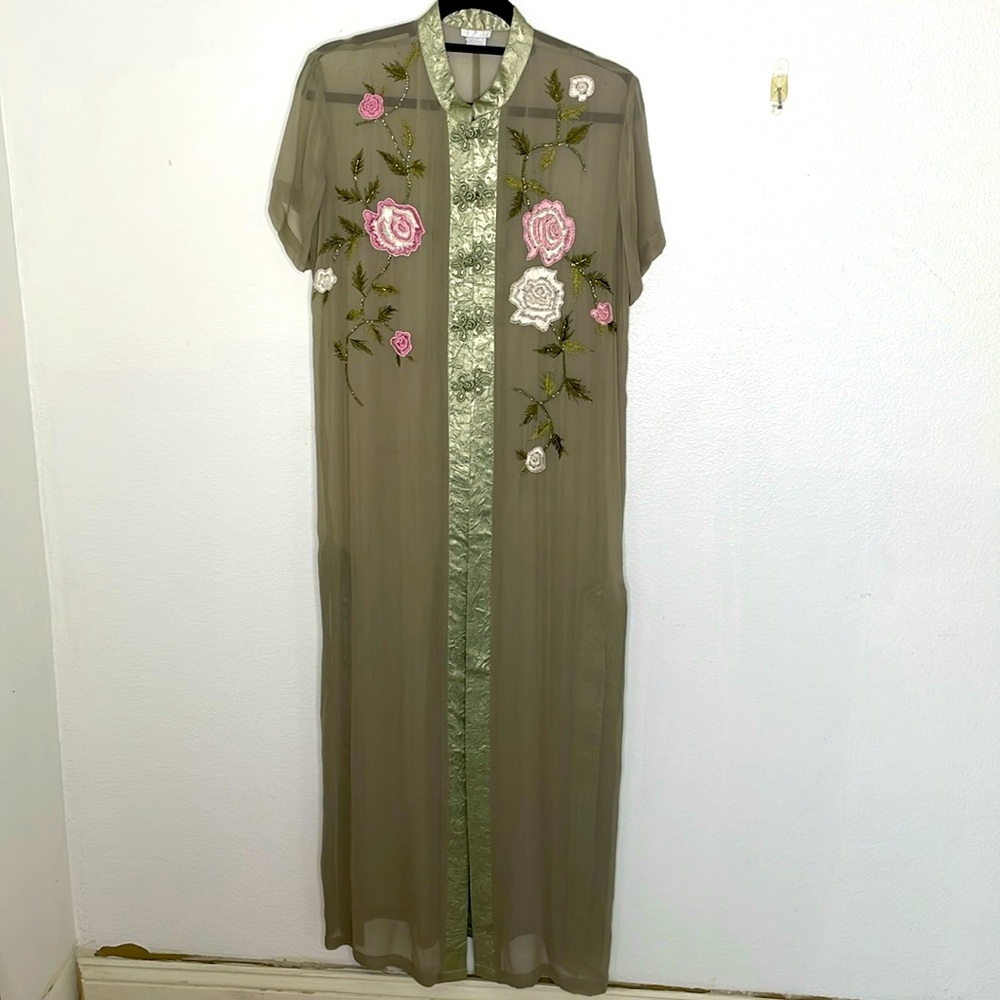 Kimono Long Sage Sheer Embroidered Large